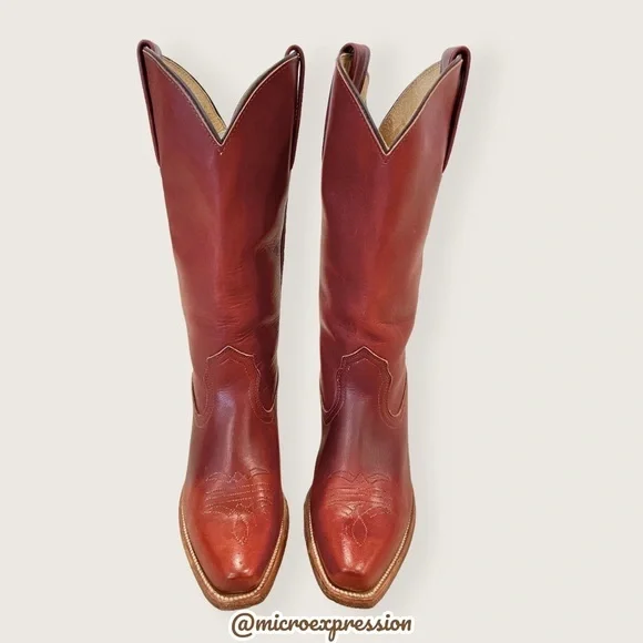 1990’s Frye Vintage Leather Pull On Cognac Red Low Heel Embroidered Cowboy Boot - Picture 6 of 13